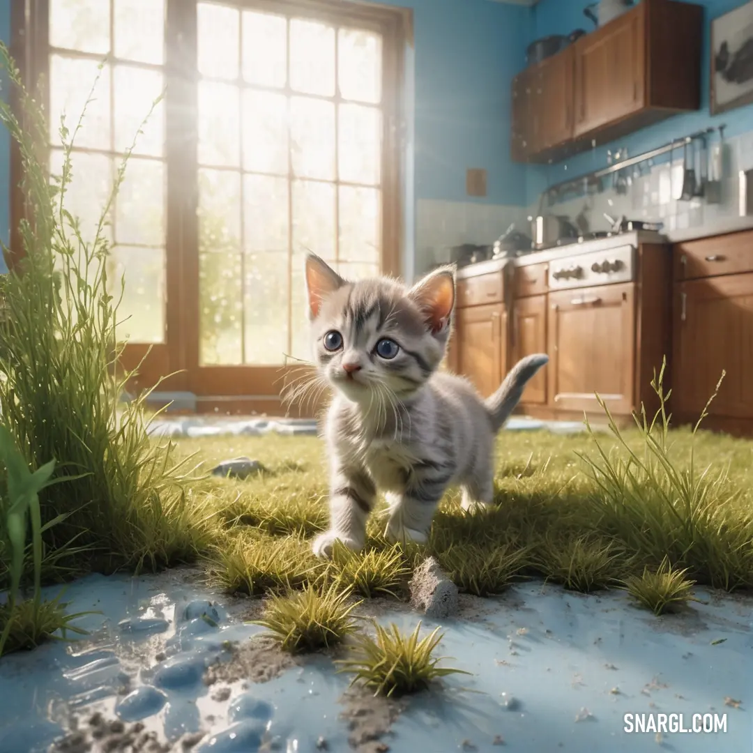 Kitten walking across a grass covered kitchen floor next to a window and sink area