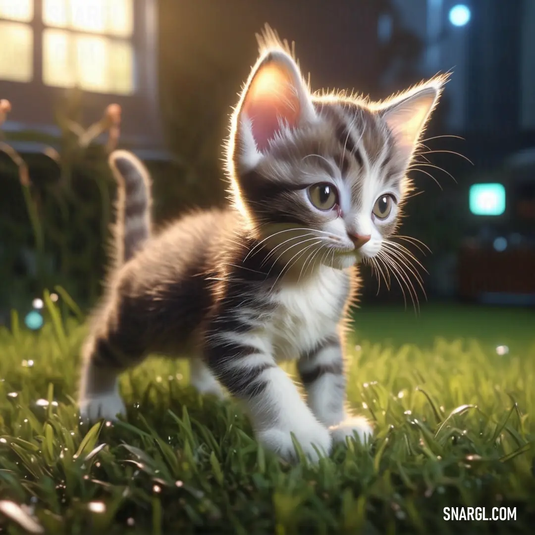 Kitten walking across a lush green field of grass at night time