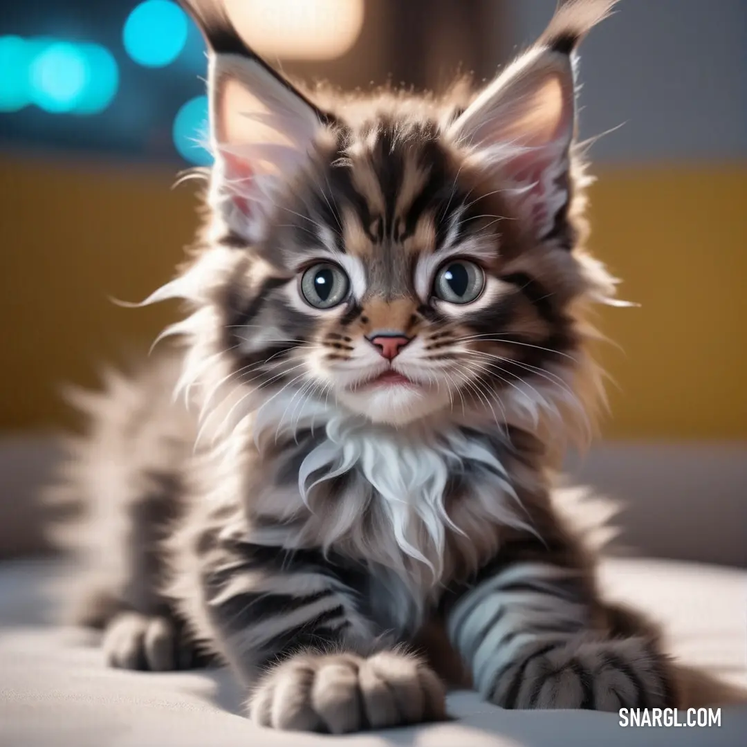 Kitten with blue eyes on a bed looking at the camera with a serious look on its face
