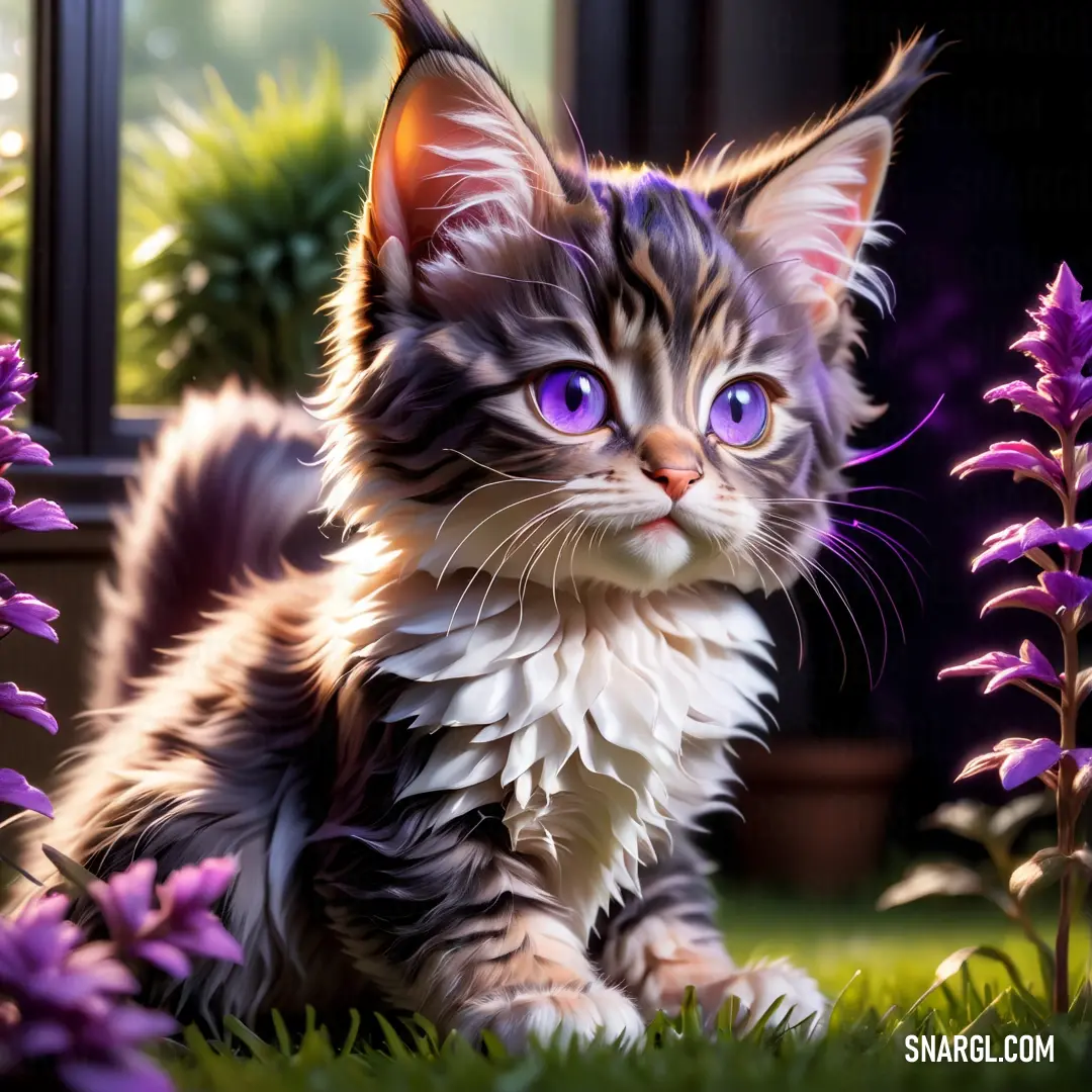 Kitten with purple eyes in the grass next to purple flowers and a window with a potted plant behind it