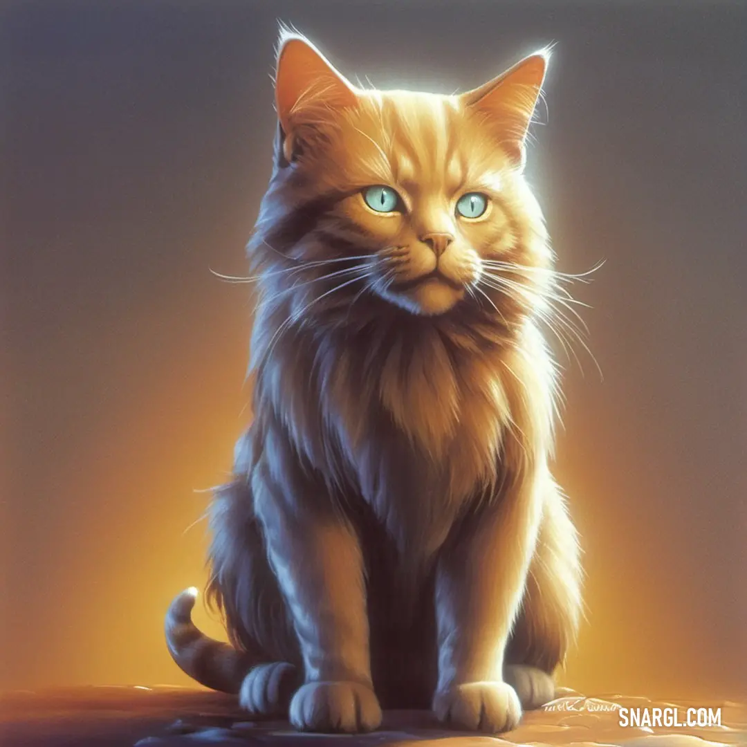 Painting of a Cat with blue eyes down on a table with a yellow background and a blue light shining on it