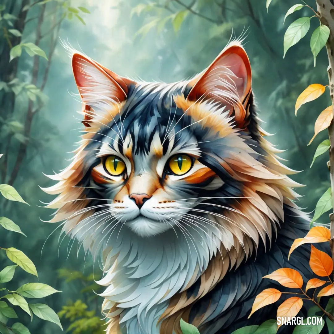 Painting of a Cat with yellow eyes in a forest with leaves and trees around it