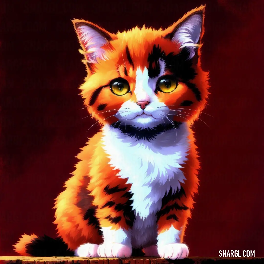 Painting of a cat on a table with a red background