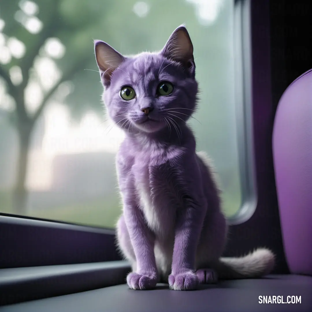 Purple kitten on a window sill looking out the window at the trees outside of the window