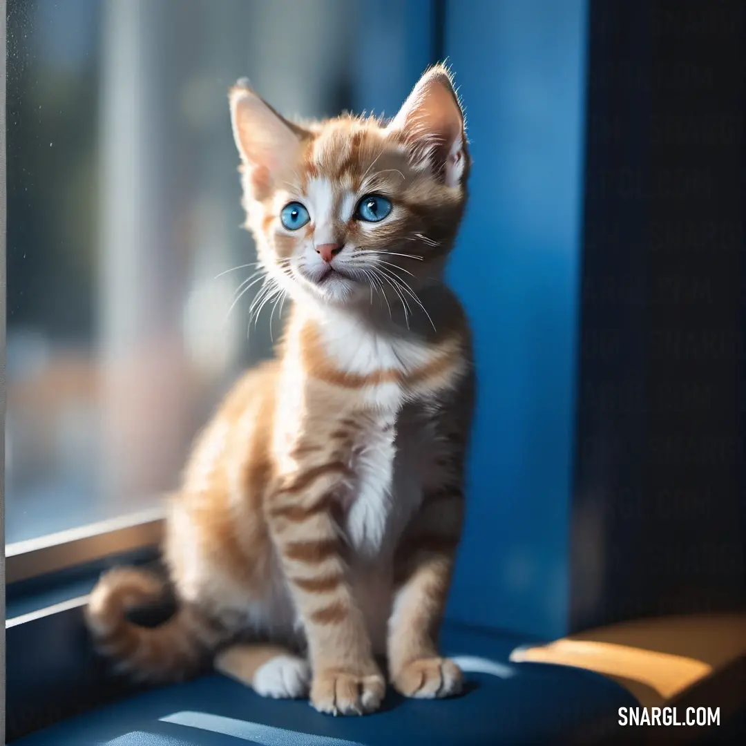 Small kitten on a blue chair looking out a window with blue eyes and whiskers on it