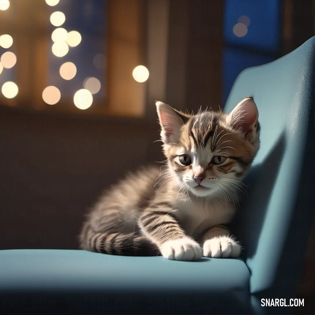 Small kitten on a blue chair in a room with lights on the wall behind it