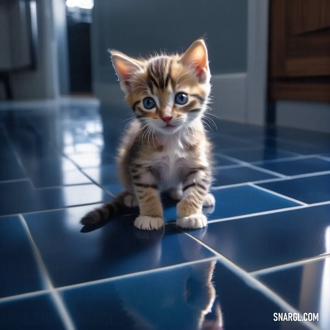 Small kitten on a blue tiled floor looking at the camera with a curious look on its face