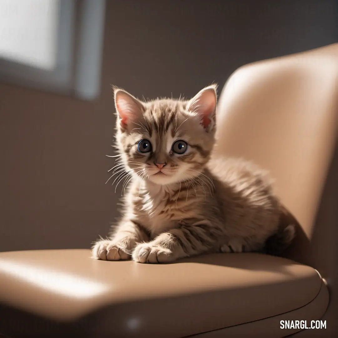 Small kitten on a chair looking at the camera with a sad look on its face and eyes