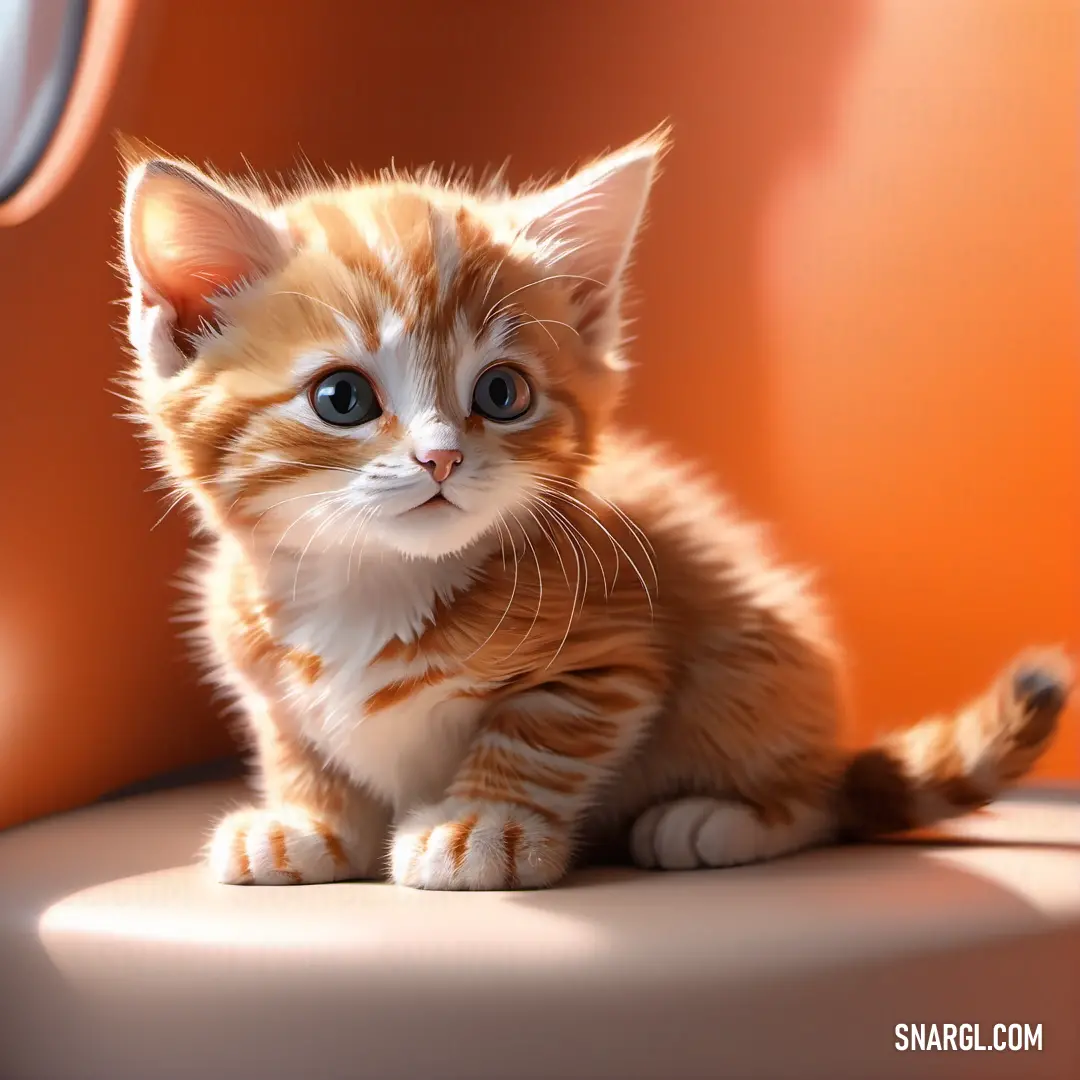 Small kitten on a chair looking at the camera with a curious look on its face and eyes