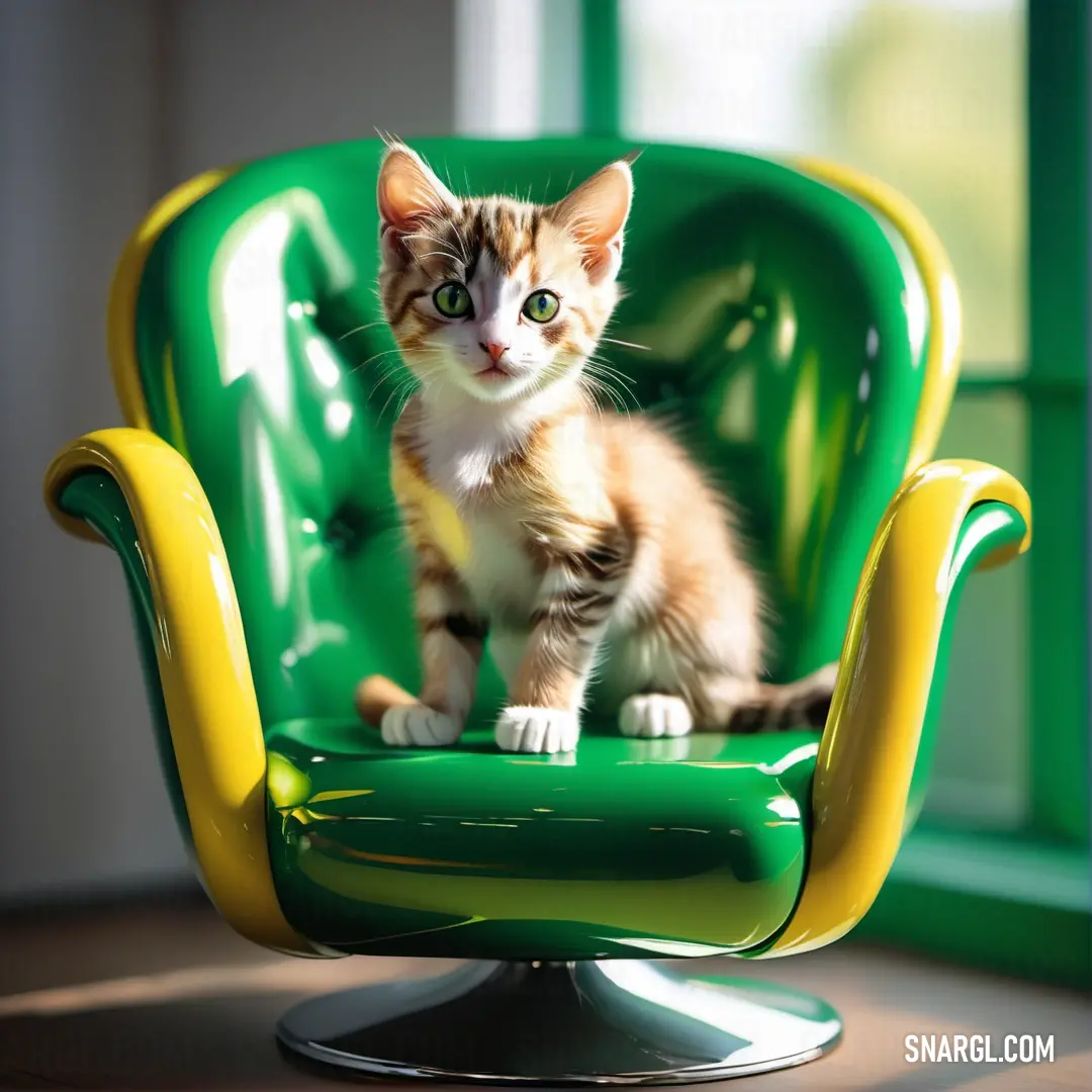 Small kitten on a green chair in a room with a window and a green chair with a yellow frame