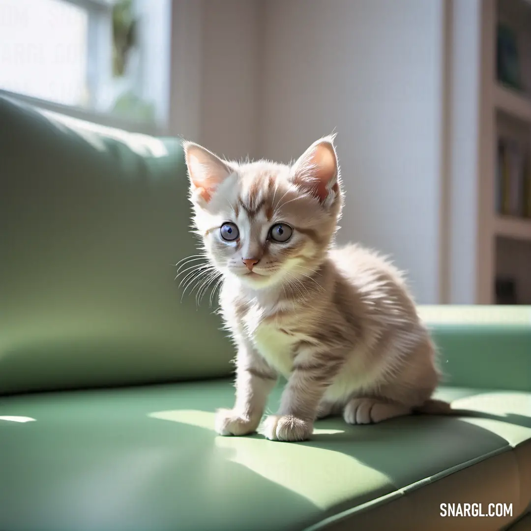 Small kitten on a green couch in a room with a window behind it