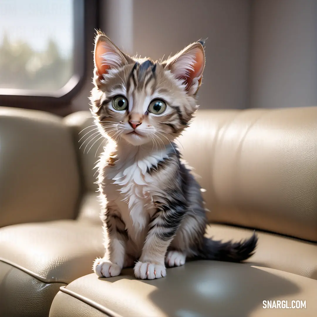 Small kitten on a leather chair looking at the camera with a curious look on its face and eyes