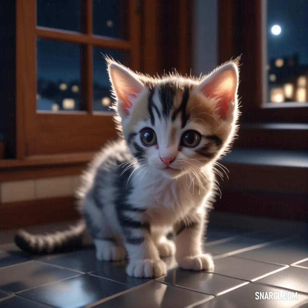 Small kitten on a tiled floor next to a window at night time with a city view behind it