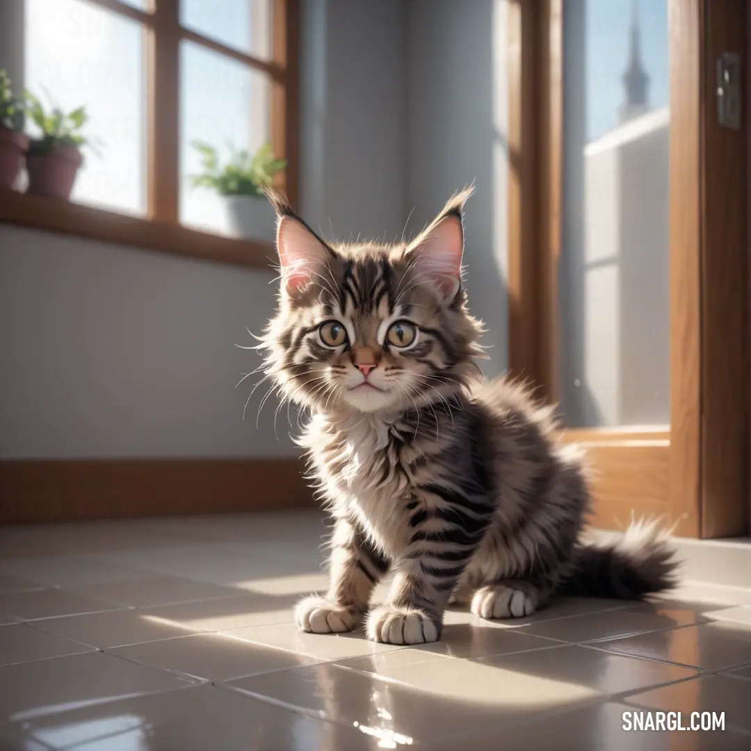 Small kitten on a tiled floor next to a door and window with a potted plant in the background