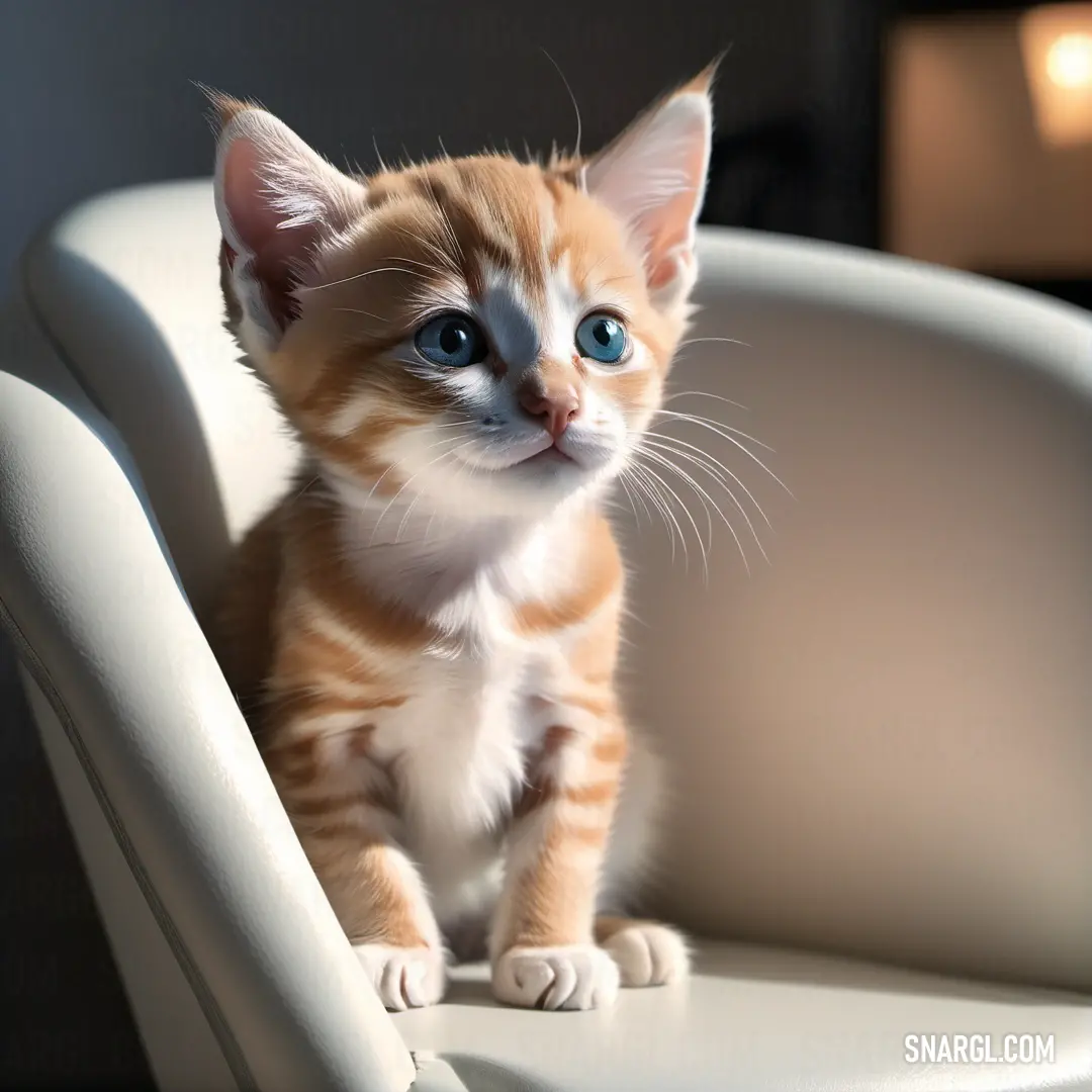 Small kitten on a white chair looking at the camera with a curious look on its face and eyes