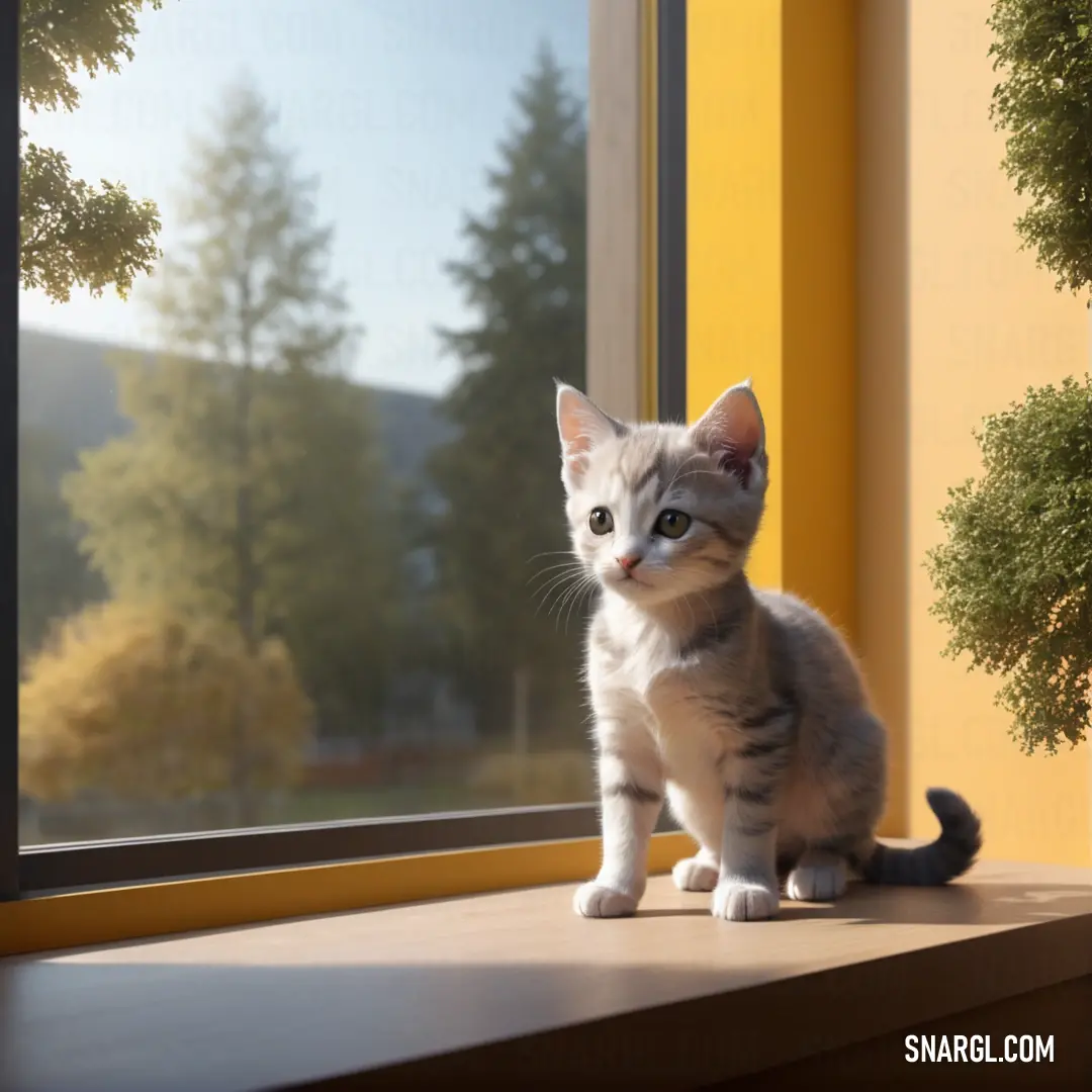Small kitten on a window sill looking out the window at the outside of the house