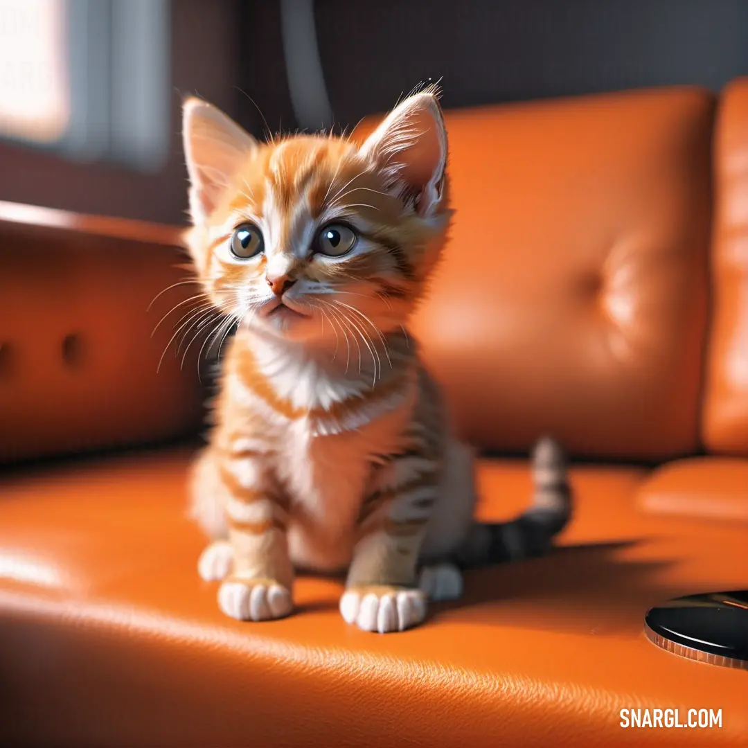 Small kitten on top of a leather chair next to a remote control control