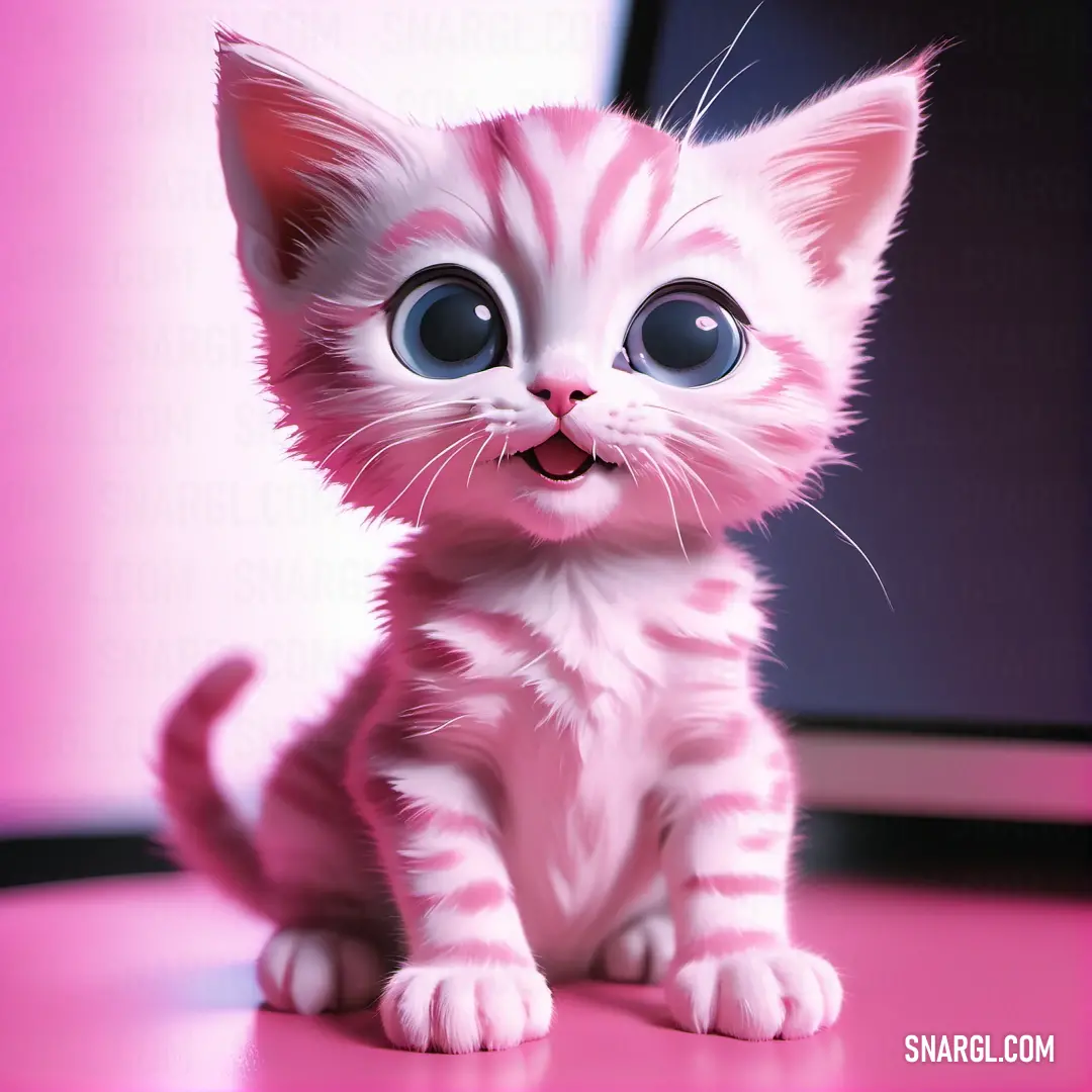 Small kitten with big blue eyes on a pink surface with a computer monitor in the background