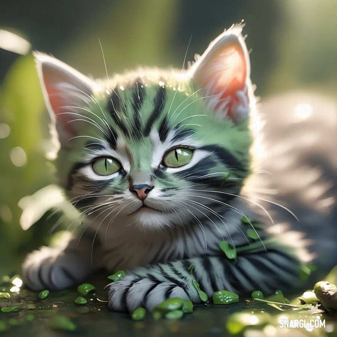 Small kitten with green eyes laying on the ground with leaves around it's feet and looking at the camera