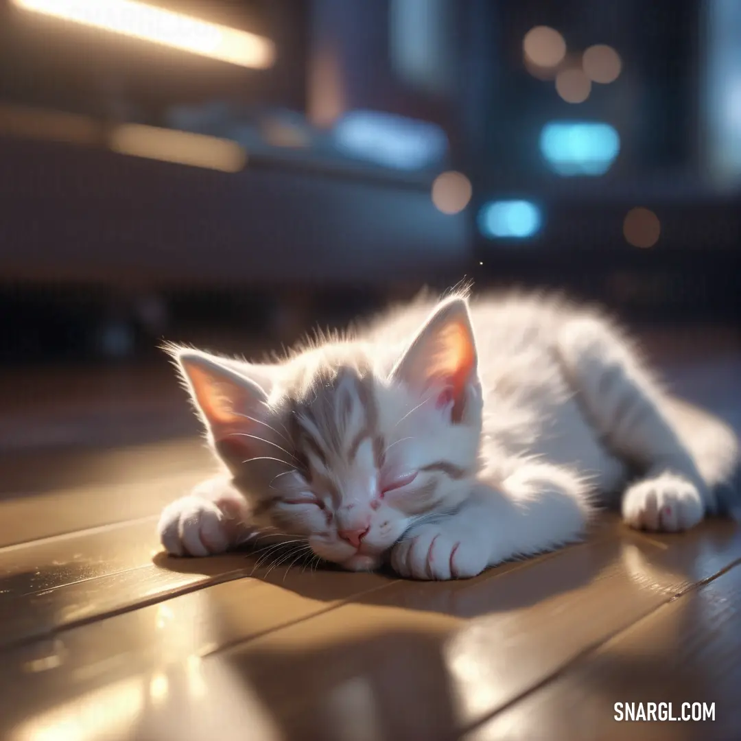 Small white kitten sleeping on a wooden floor in a room with a light shining on it's head