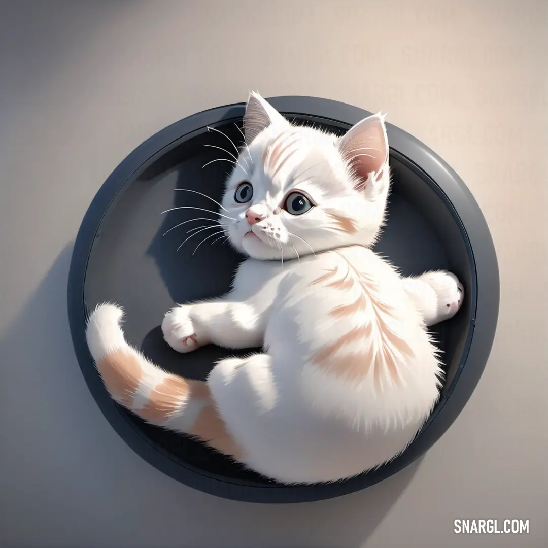 White cat in a black bowl on a wall with a white background and a light brown wall