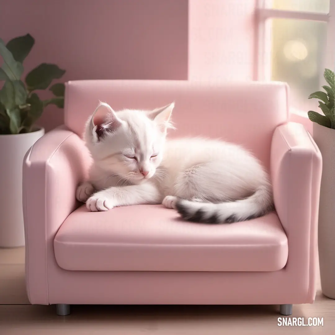 White cat is sleeping on a pink chair next to a potted plant