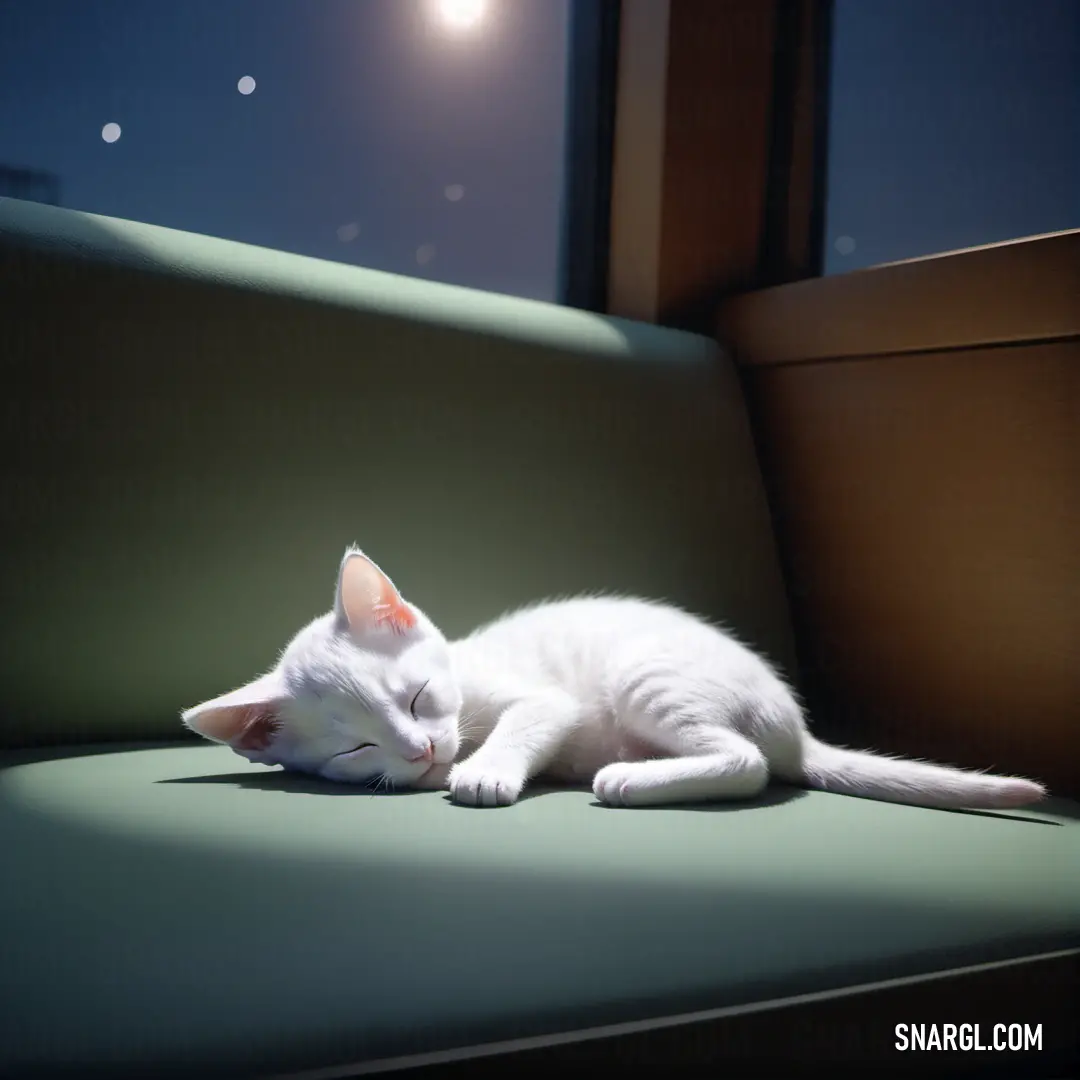 White cat laying on a green chair in a window sill at night time with the moon shining