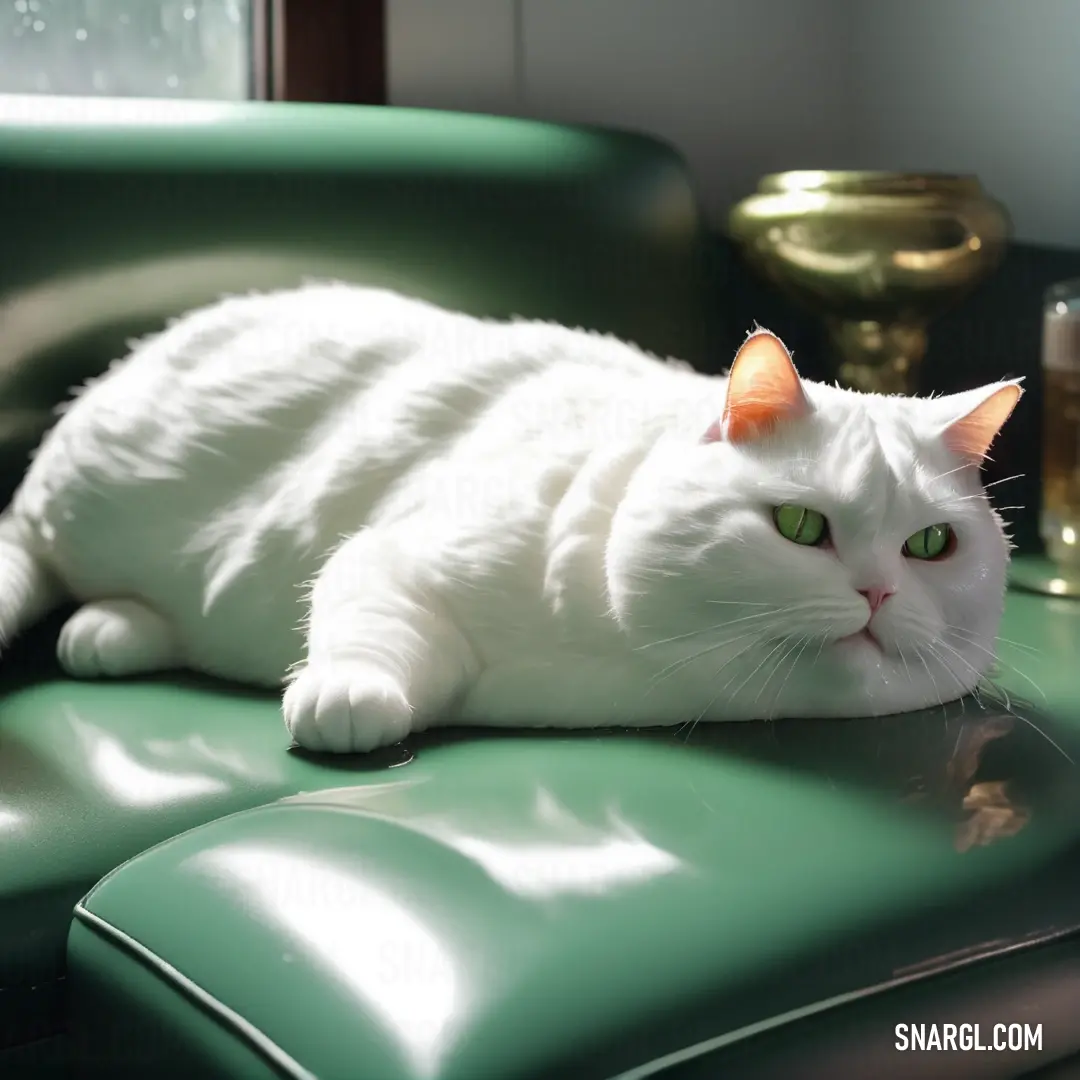 White cat laying on a green chair with a gold vase in the background
