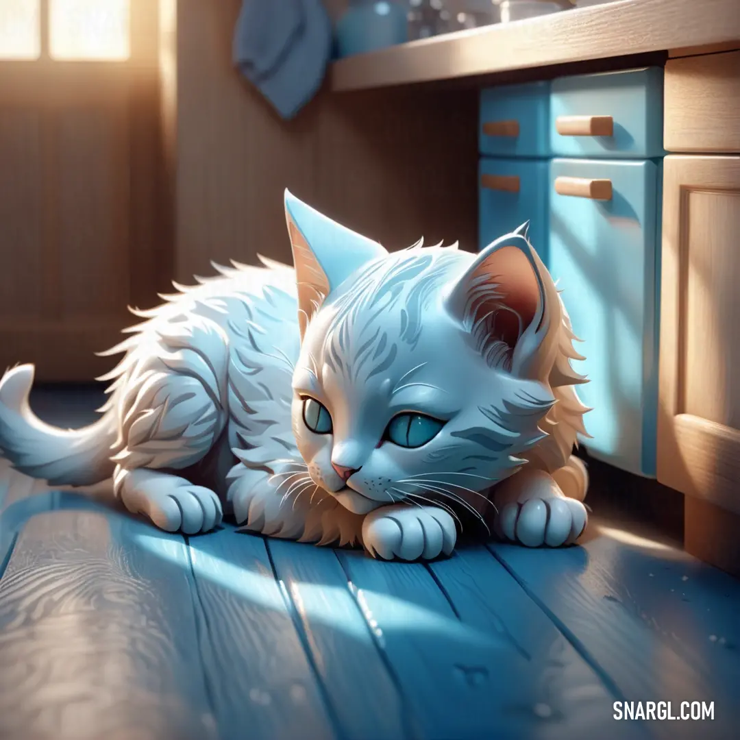 White cat laying on a wooden floor next to a sink and cabinets in a kitchen with blue drawers