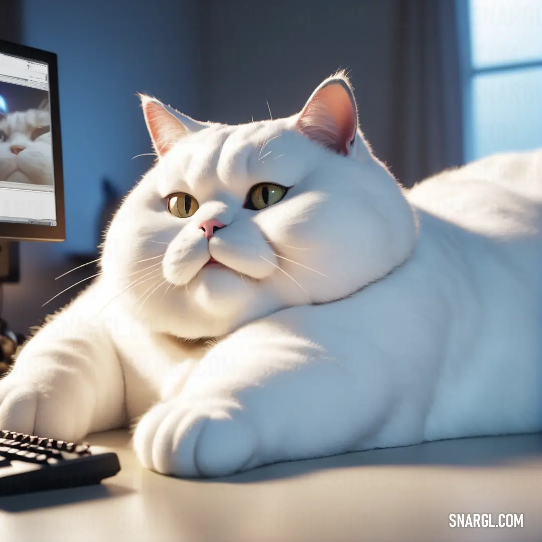 White cat laying on a desk next to a computer monitor and keyboard with a cat on it's back