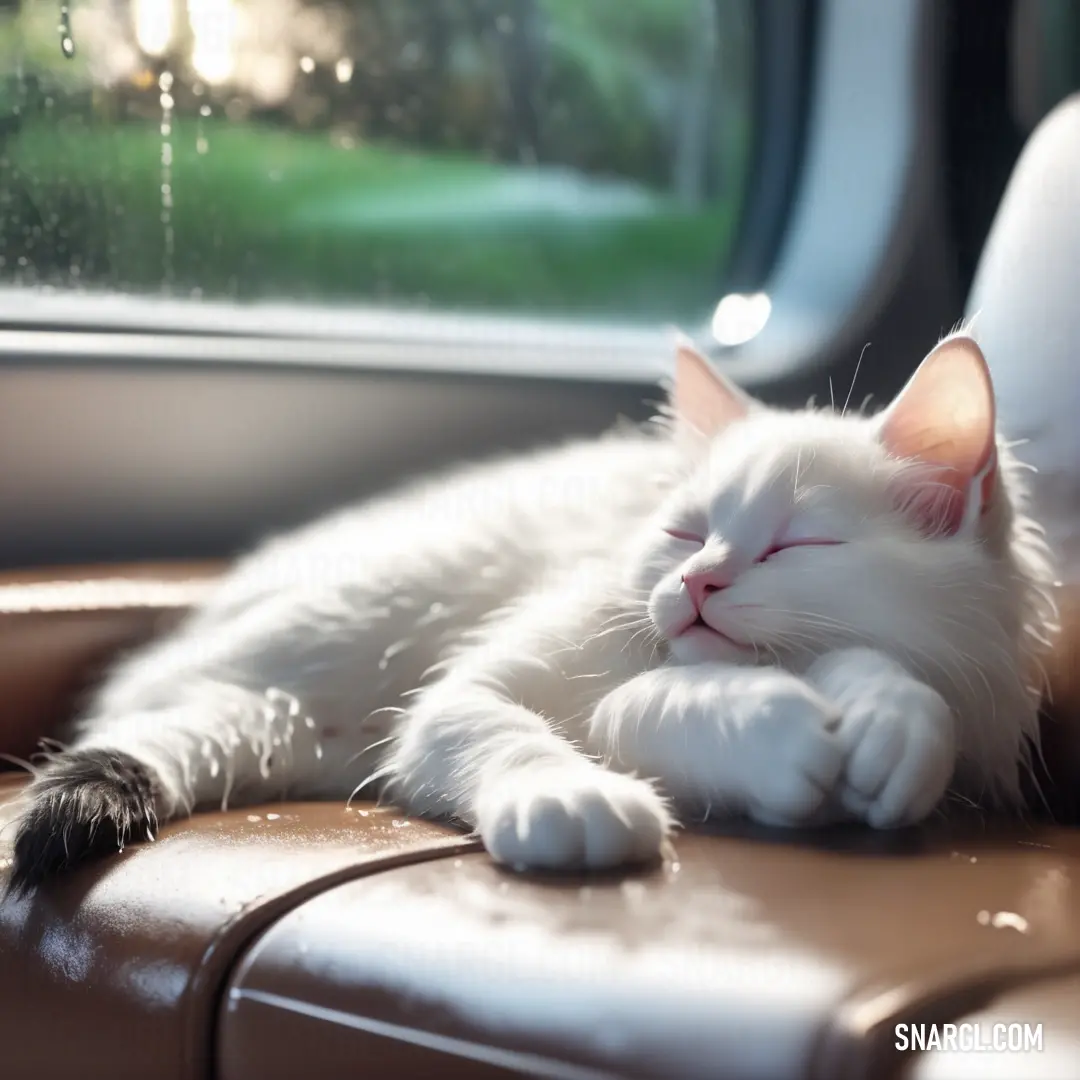 White cat laying on a brown leather chair next to a window with rain drops on it's glass