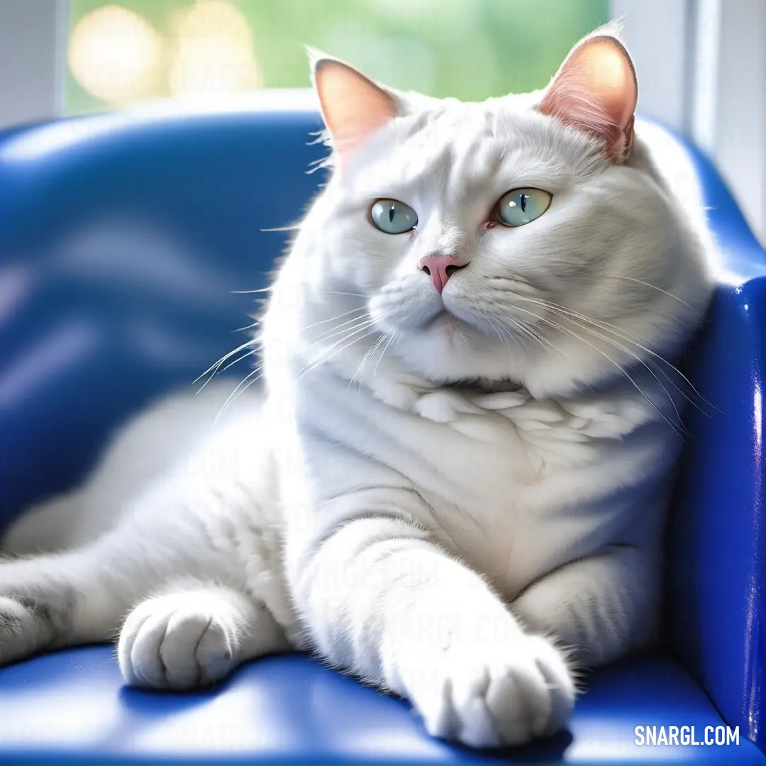 White cat on a blue chair looking at the camera with a serious look on its face and eyes