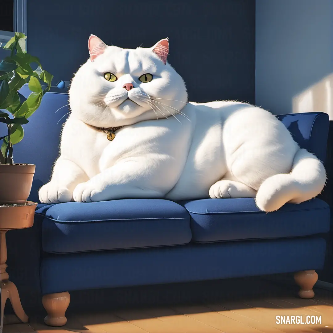 White cat on a blue couch next to a potted plant and a window