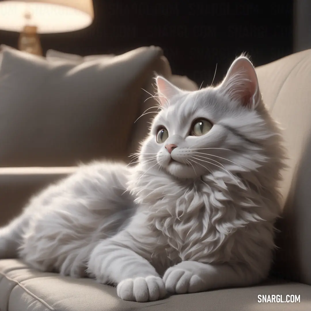 White cat on a couch with a lamp in the background and a pillow on the floor behind it