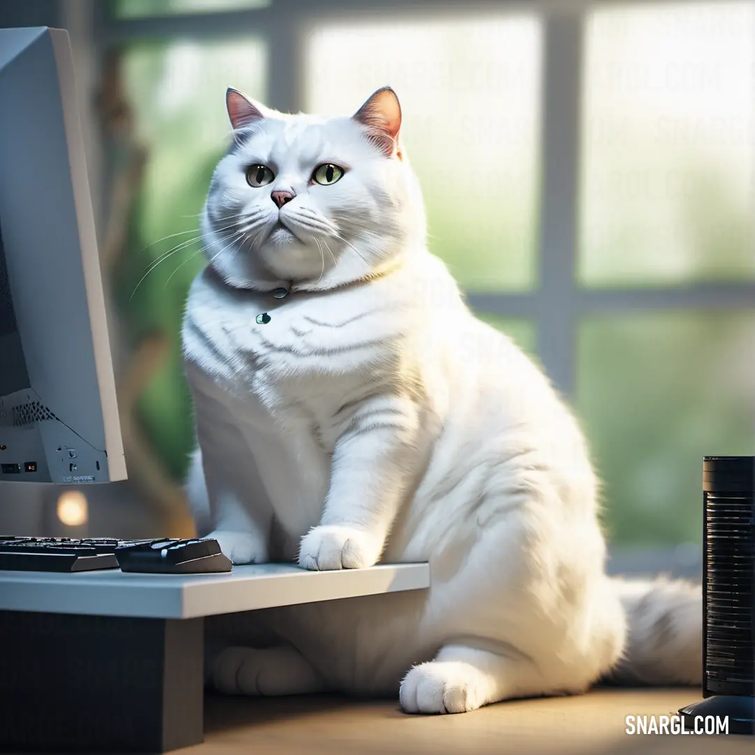 White cat on a desk next to a computer monitor and keyboard and a cup of coffee
