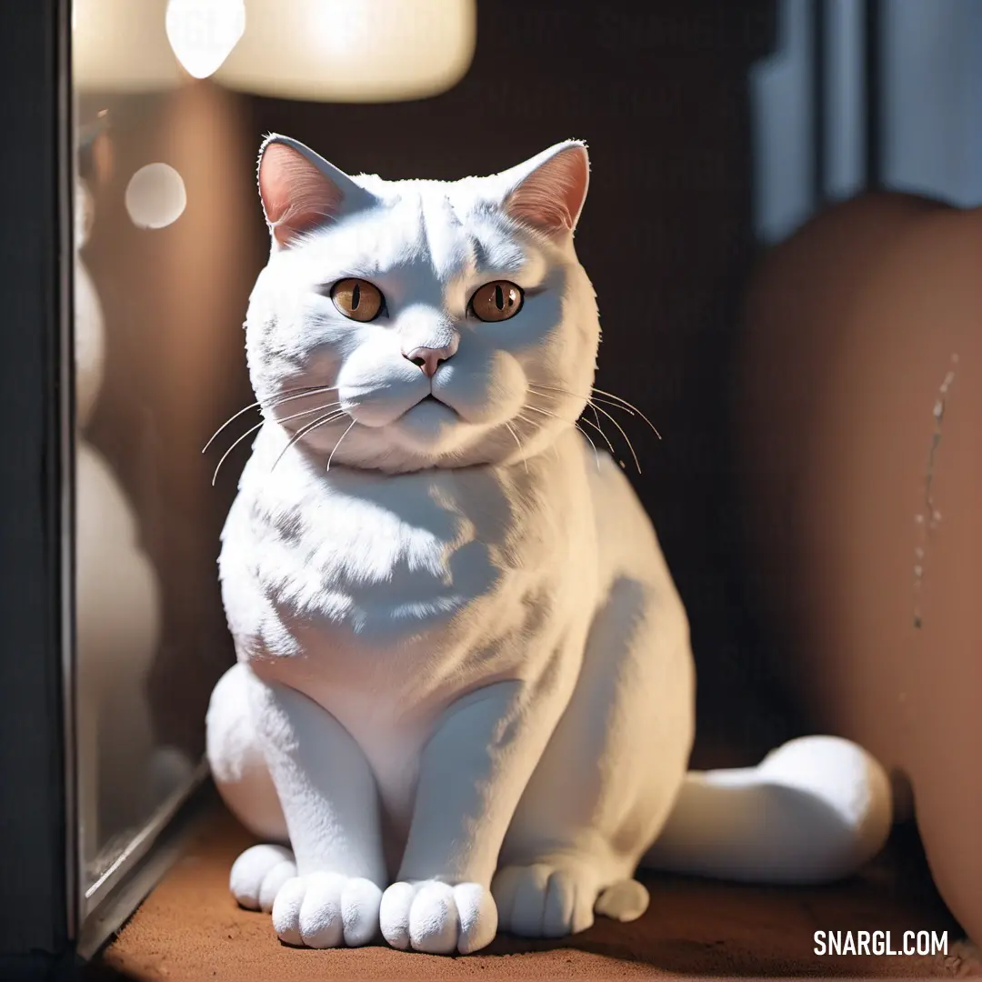 White cat on a shelf next to a mirror and a light bulb in the background of the picture