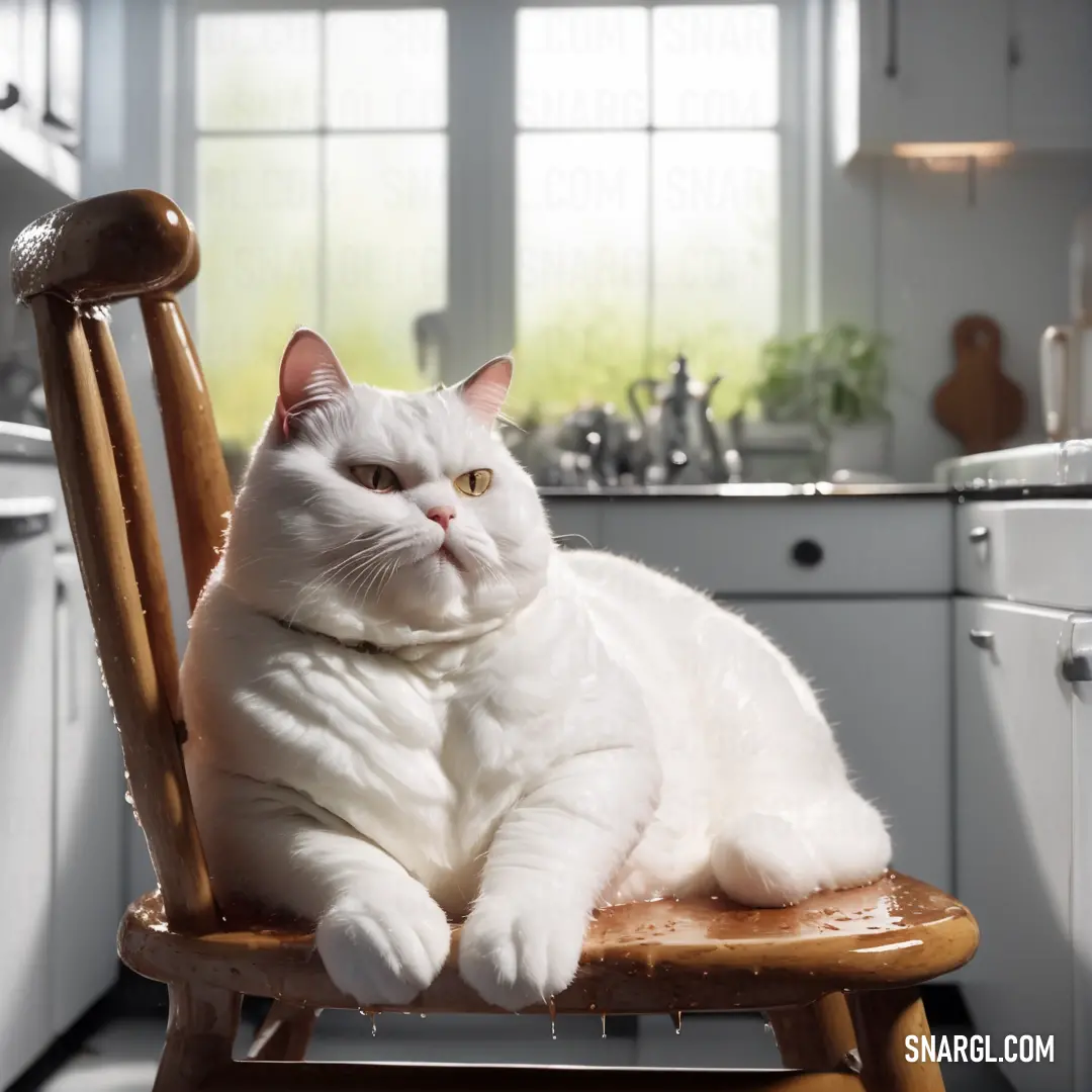 White cat on a wooden chair in a kitchen with a sink and stove in the background and a window