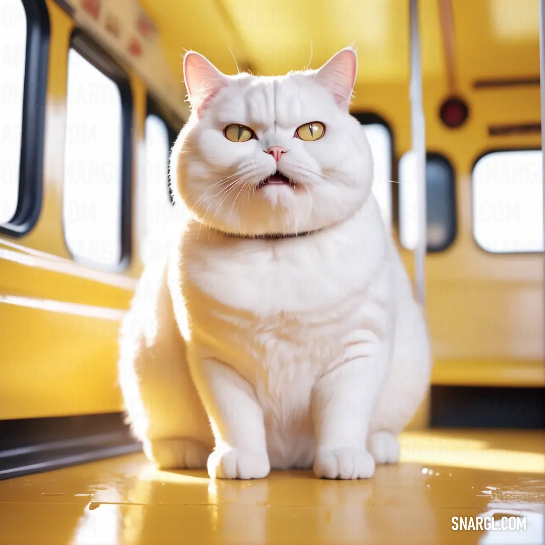White cat on a yellow bus seat looking up at the camera with a serious look on its face