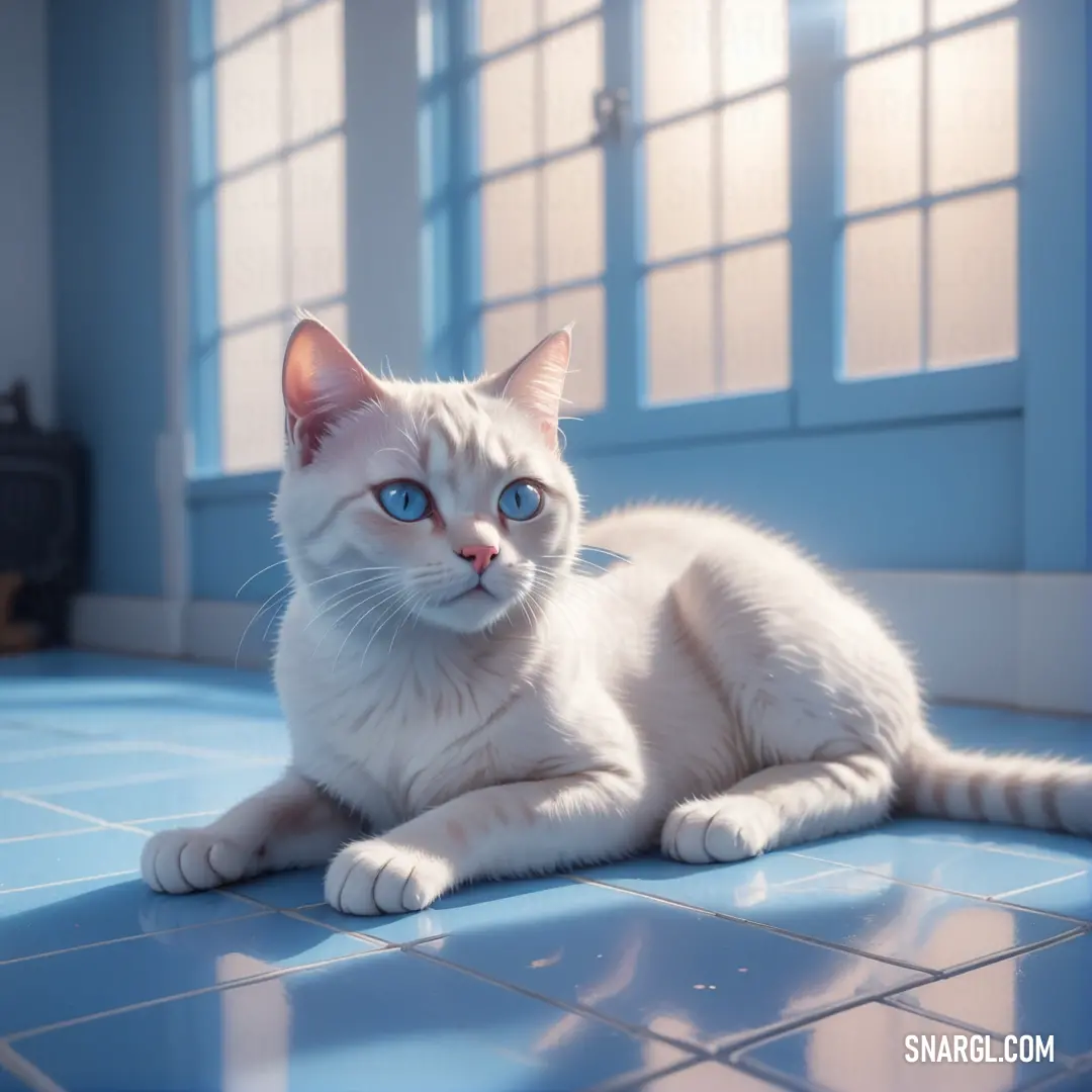 White cat with blue eyes laying on a blue tiled floor in front of a window