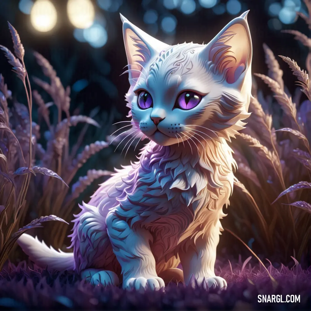 White cat with blue eyes in a field of grass with purple flowers