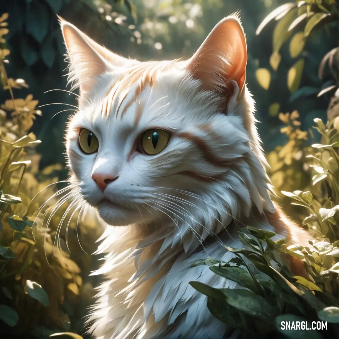 White Cat with green eyes is in the bushes and leaves of a tree
