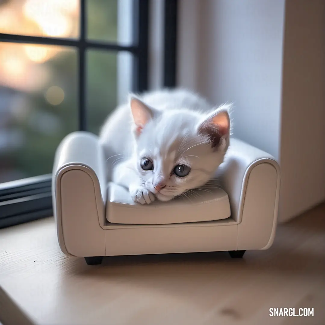 White kitten on a chair looking out a window at the camera while looking at the camera