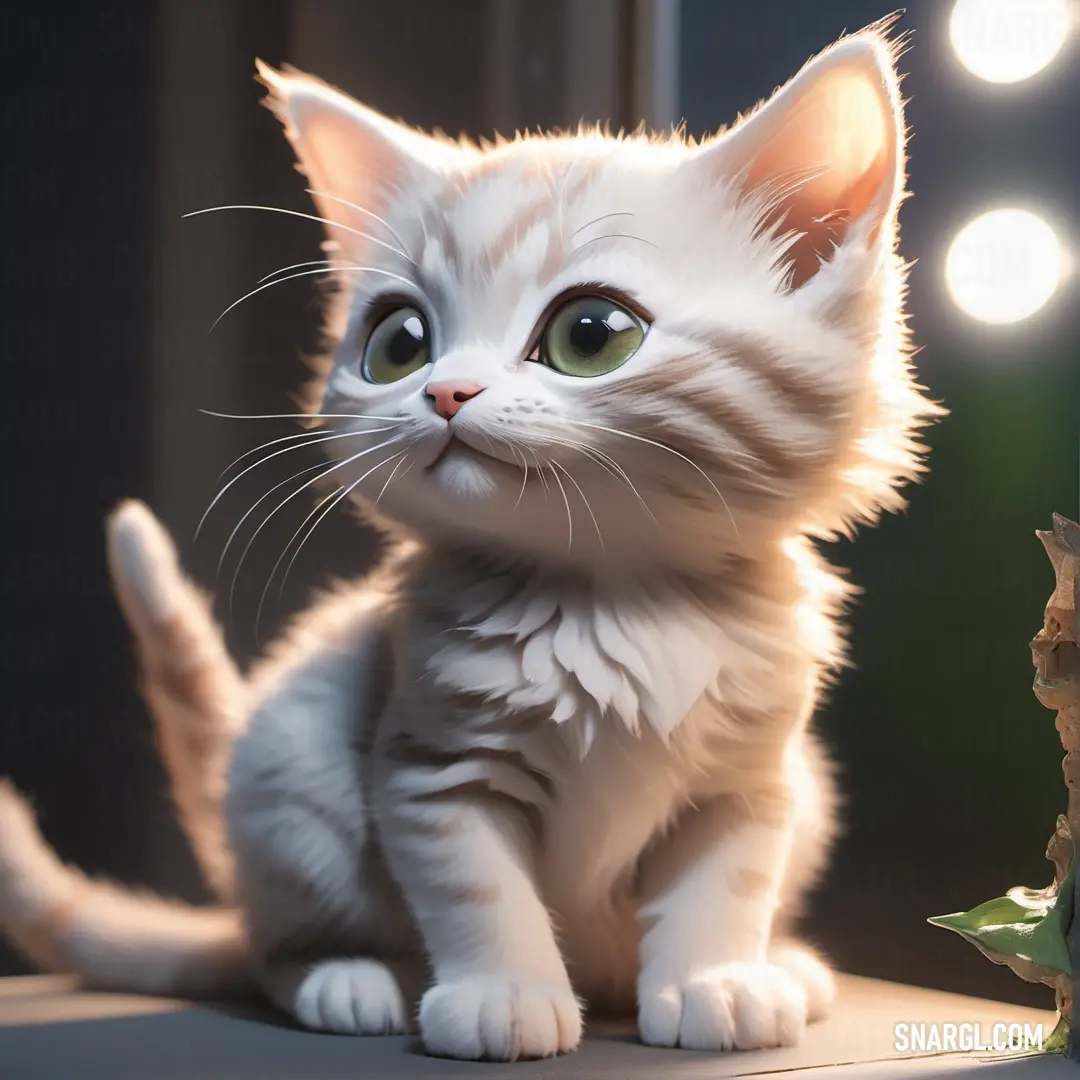 White kitten on a table with a light on behind it and a mirror behind it with lights on