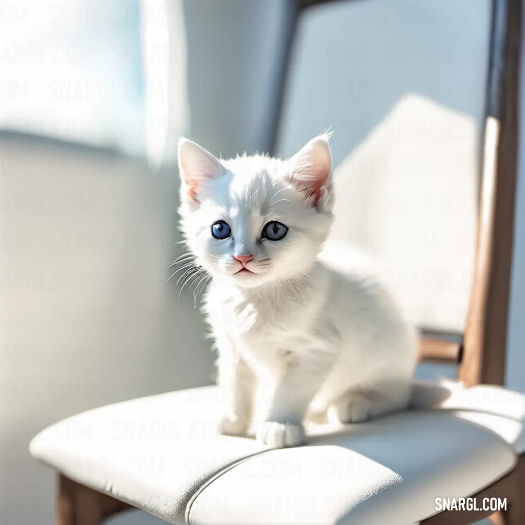 White kitten on a white chair with blue eyes and a white back and legs
