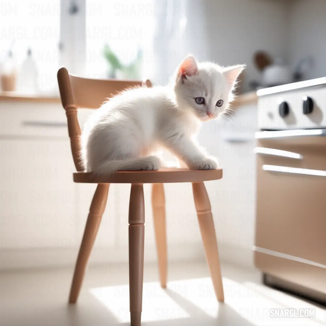 White kitten on a wooden chair in a kitchen with a stove and cabinets in the background and a window