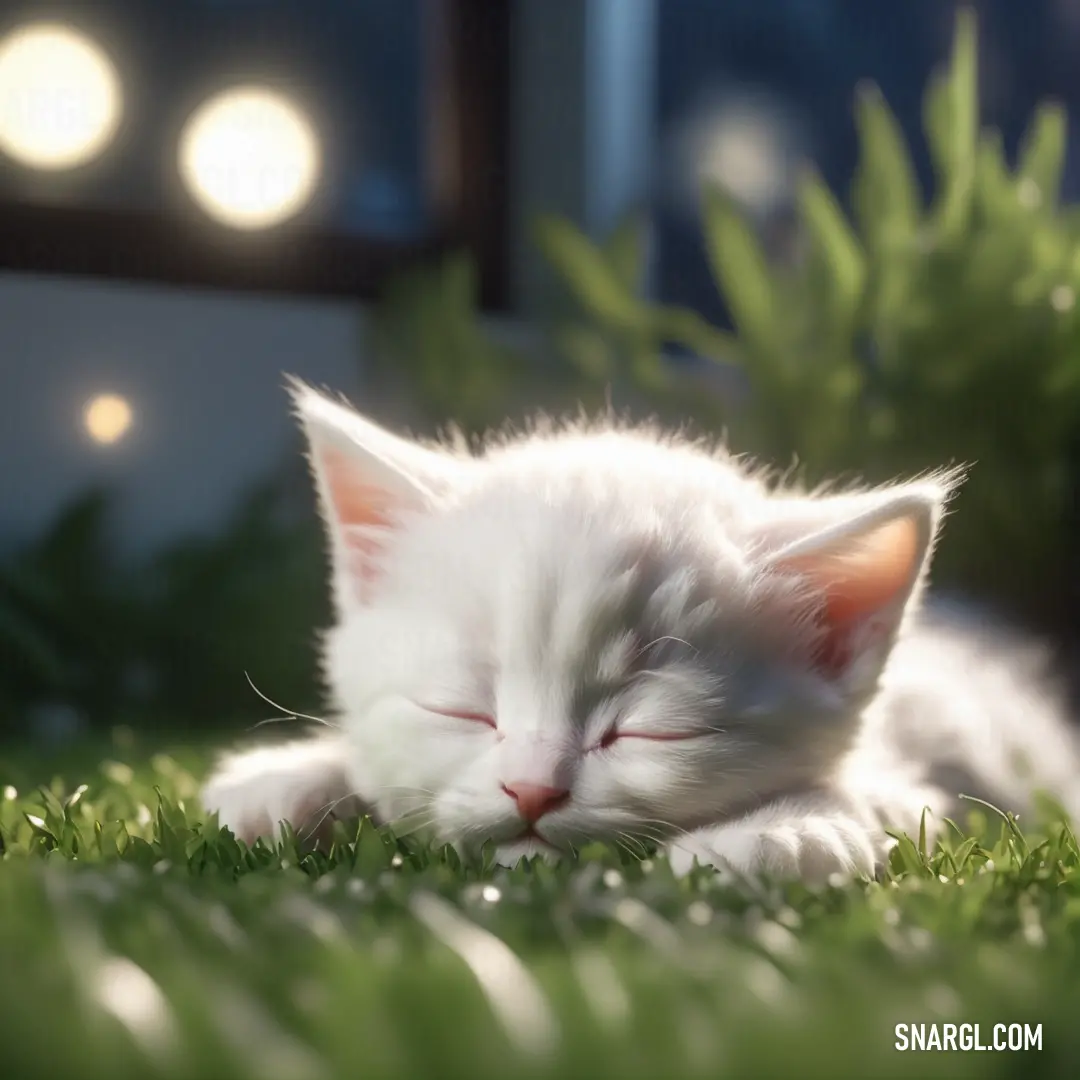White kitten sleeping on top of a lush green field of grass next to a window with lights on it
