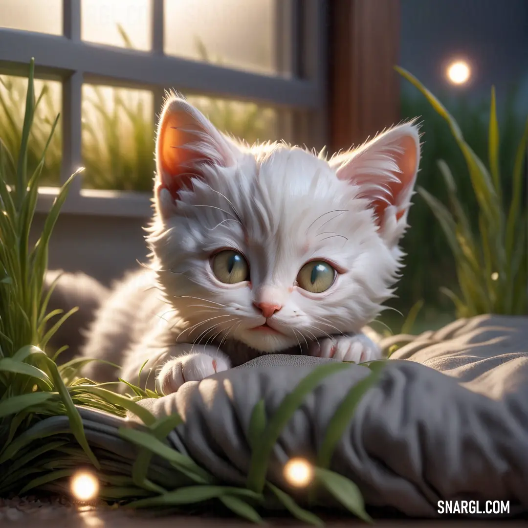 White kitten with green eyes laying on a blanket in the grass with a window behind it and a light shining on the grass