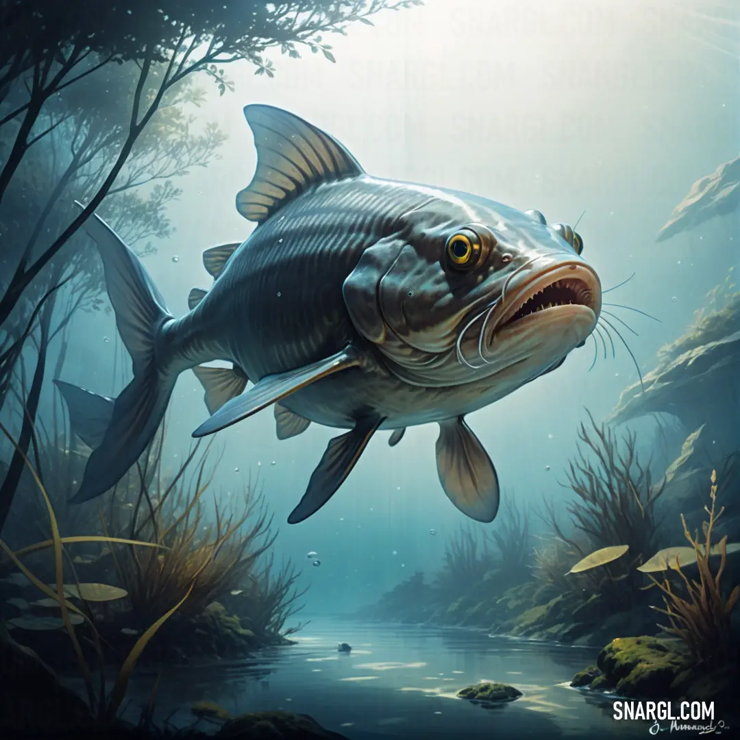 Fish that is swimming in some water near some plants and trees and water plants and water plants
