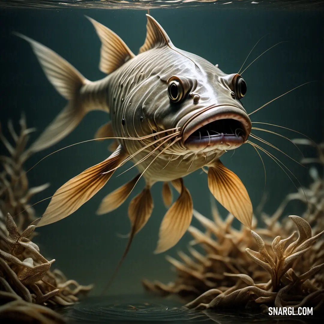 Fish with a long nose and a long whiskers on its face is swimming in a tank