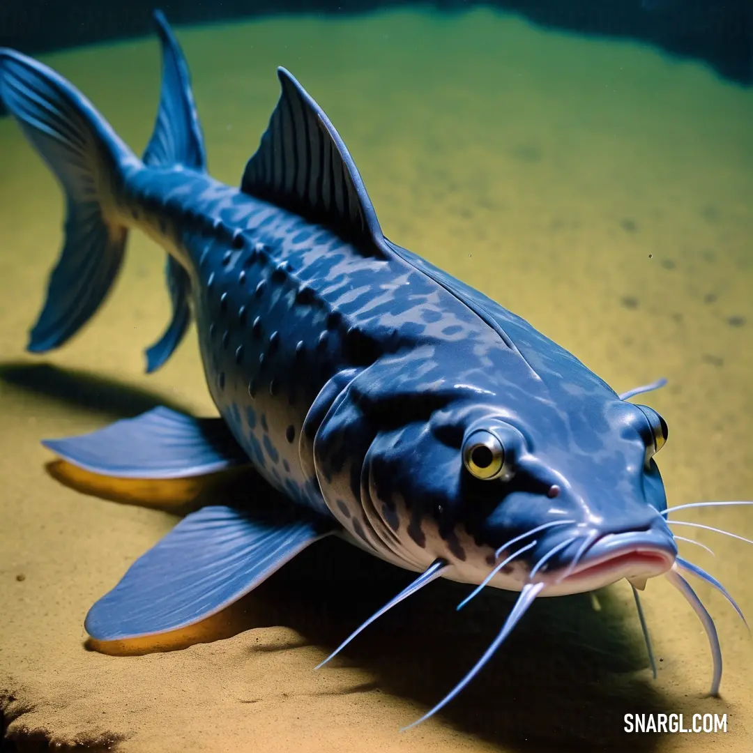 Fish with a long whiskers on its mouth is swimming in a tank of water with sand